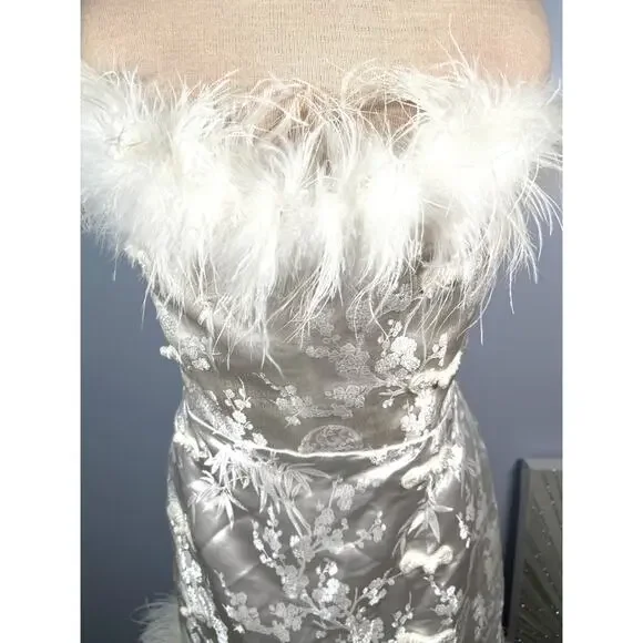 Sau Lee Jayde Sateen Jacquard Feather Hem Ivory White Mini Dress Size 14 - Picture 4 of 13